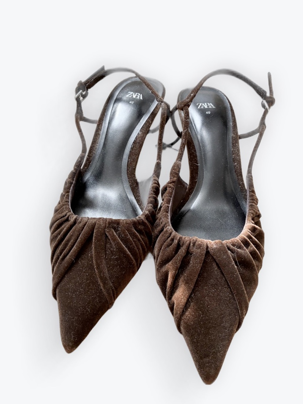 NWOT Zara Gathered Velvet Kitten Heel Sling-backs Chocolate Brown